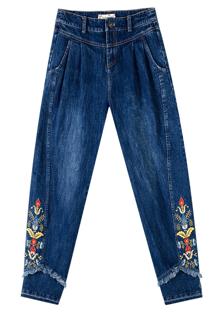 Retro Denim Blue Button Embroideried Floral Straight Pants Spring LY0198