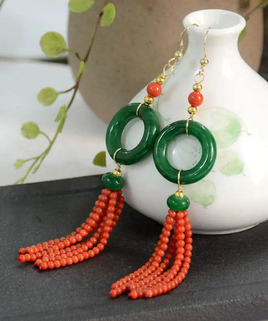 Retro Green 14K Gold Jade Tassel Circle Drop Earrings Ada Fashion