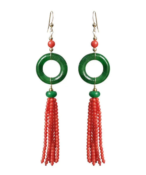 Retro Green 14K Gold Jade Tassel Circle Drop Earrings Ada Fashion