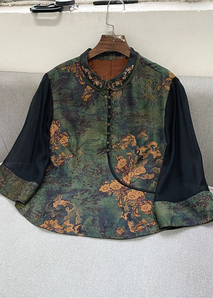 Retro Green Peter Pan Collar Button Print Patchwork Silk Shirt Spring LC0285