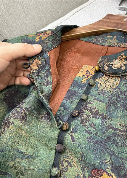 Retro Green Peter Pan Collar Button Print Patchwork Silk Shirt Spring LC0285
