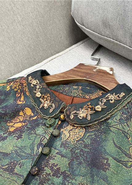 Retro Green Peter Pan Collar Button Print Patchwork Silk Shirt Spring LC0285