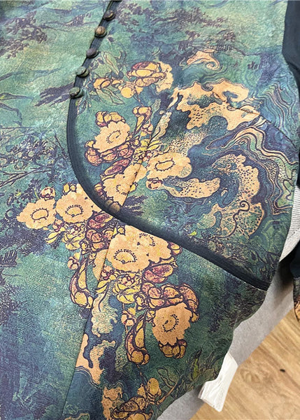 Retro Green Peter Pan Collar Button Print Patchwork Silk Shirt Spring LC0285