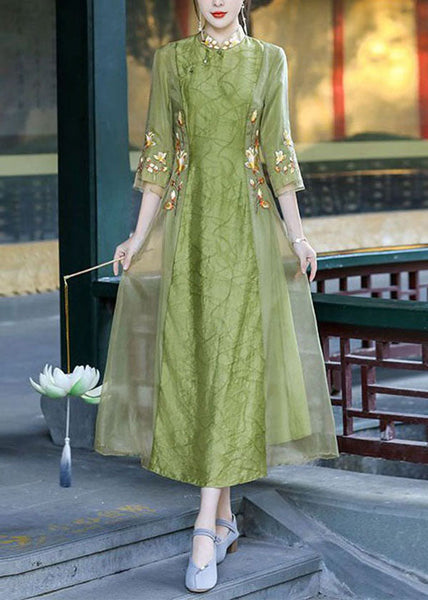 Retro Green Stand Collar Embroideried Patchwork Silk Dresses Spring LY1678