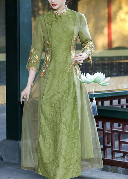 Retro Green Stand Collar Embroideried Patchwork Silk Dresses Spring LY1678