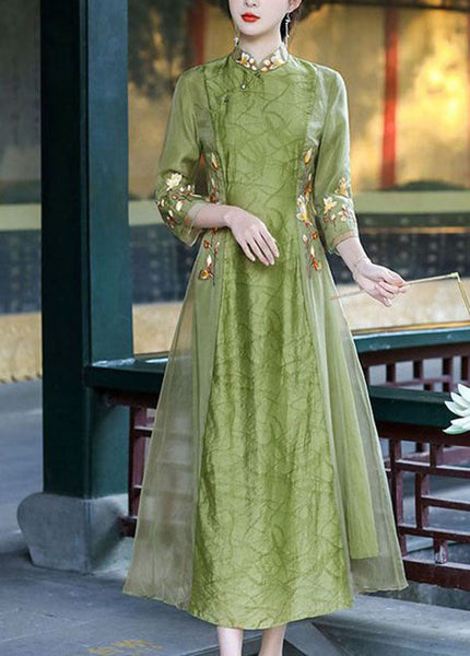 Retro Green Stand Collar Embroideried Patchwork Silk Dresses Spring LY1678