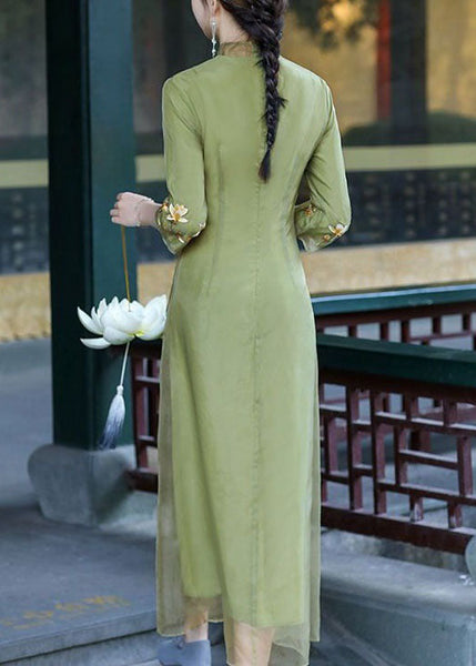 Retro Green Stand Collar Embroideried Patchwork Silk Dresses Spring LY1678