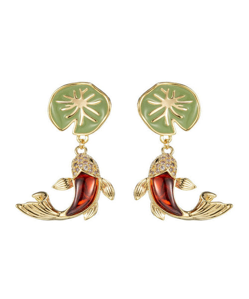 Retro Green Sterling Silver Overgilid Lotus Leaf Koi Drop Earrings TW1042