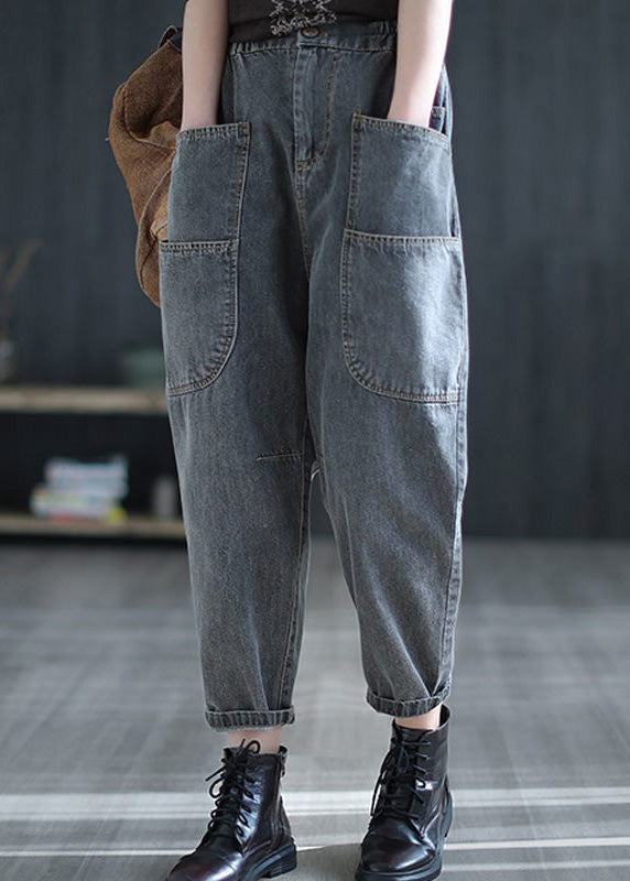 Retro Grey Patchwork Elastic Waist Crop Jeans Summer TY1044