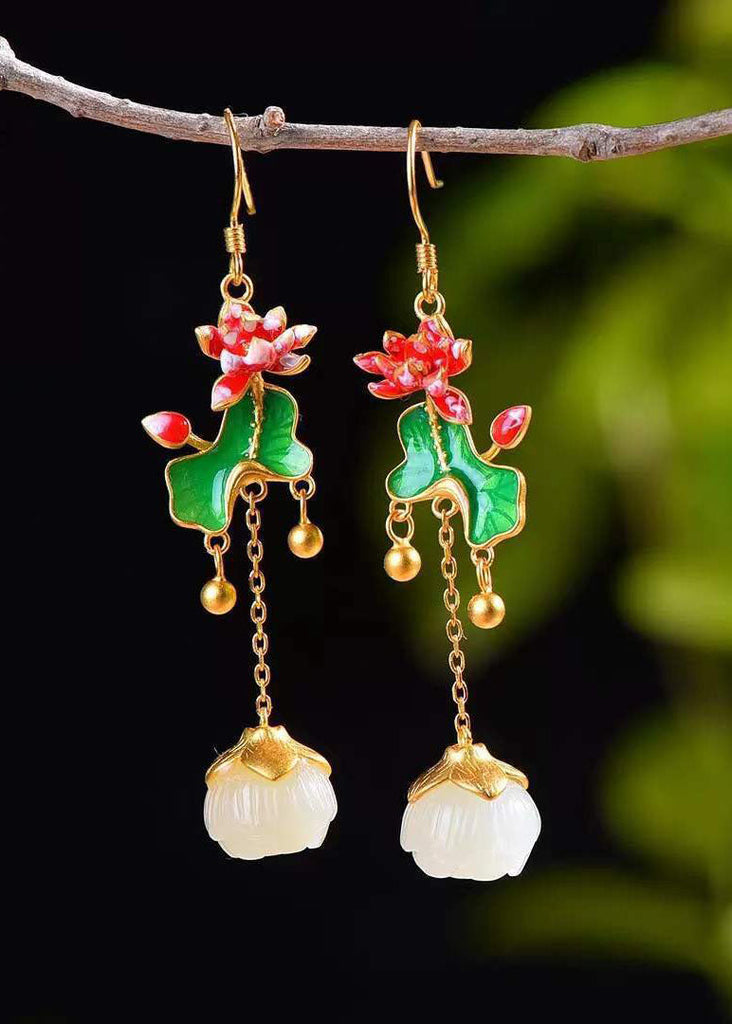 Retro Jade Tassel Lotus Metal Drop Earrings HE1030