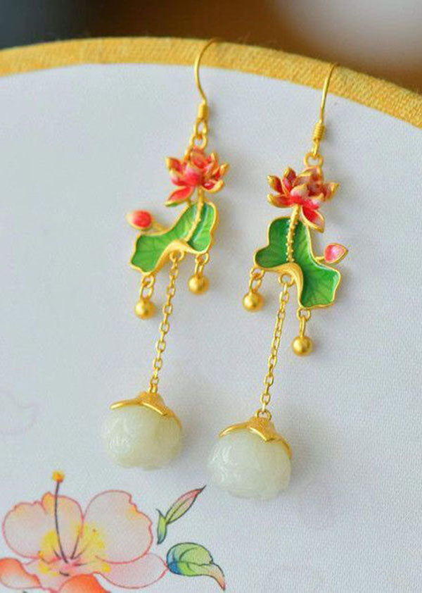 Retro Jade Tassel Lotus Metal Drop Earrings HE1030