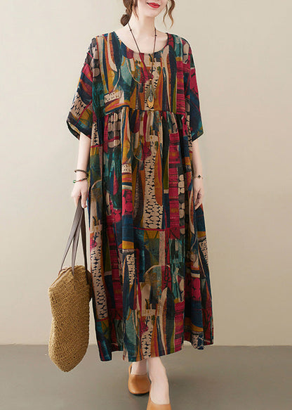 Retro O-Neck Print Party Maxi Dress Half Sleeve LY0635