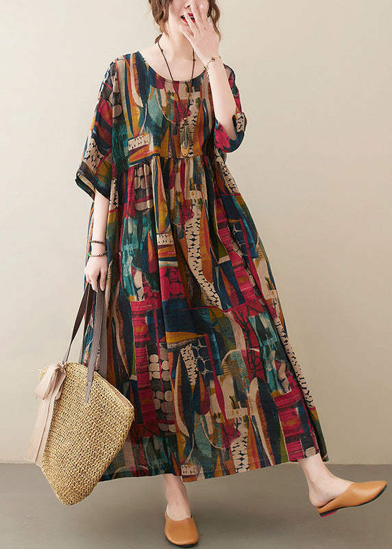 Retro O-Neck Print Party Maxi Dress Half Sleeve LY0635