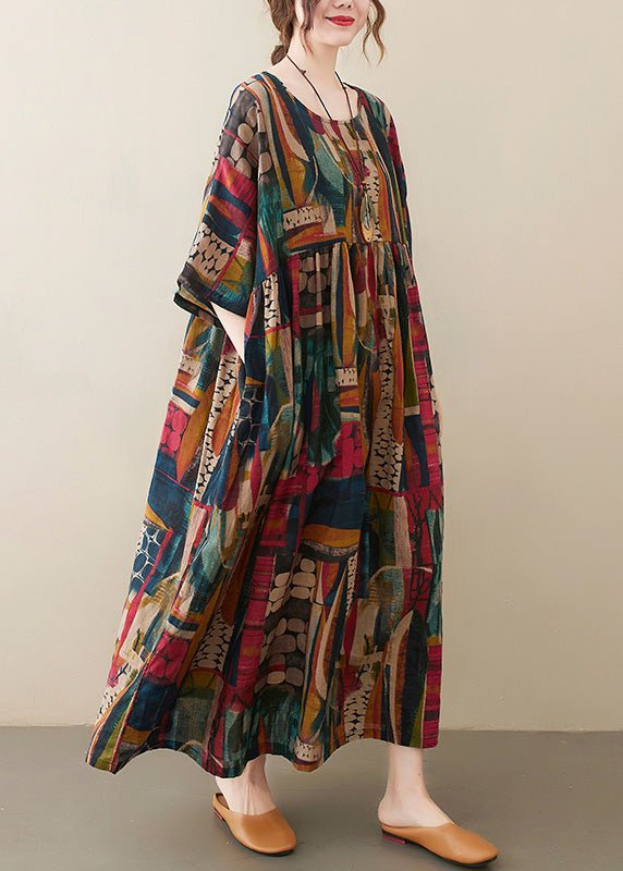 Retro O-Neck Print Party Maxi Dress Half Sleeve LY0635