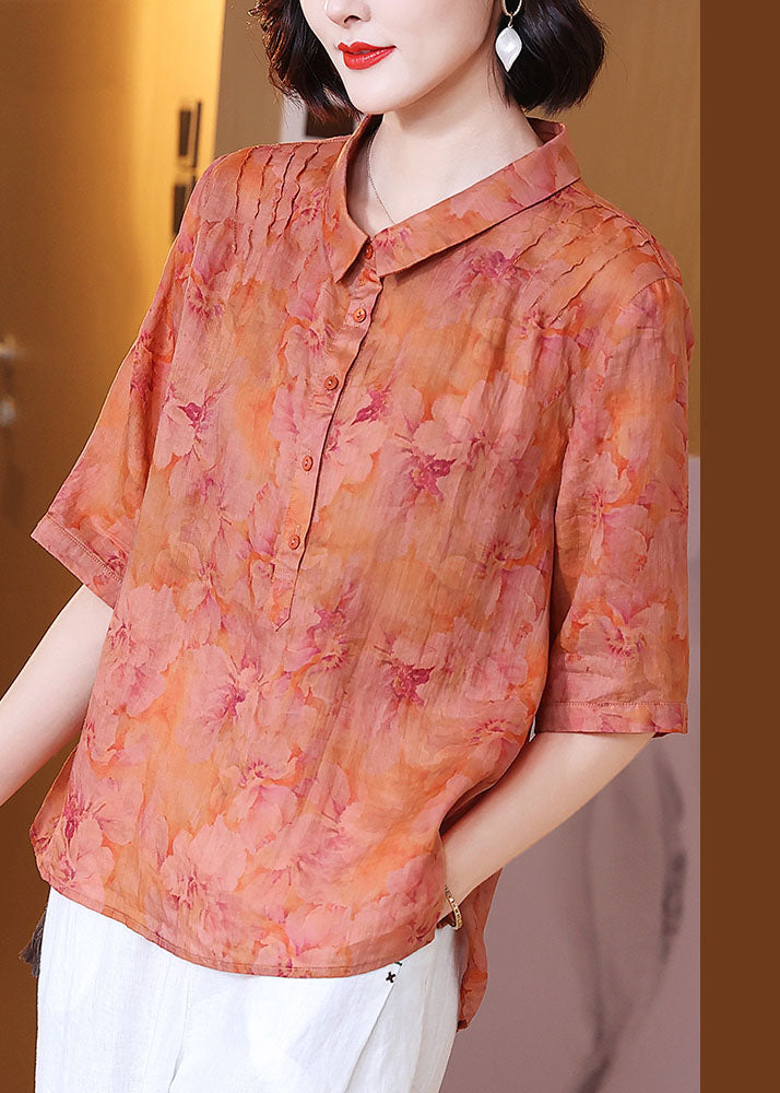 Retro Orange Peter Pan Collar Print Patchwork Linen Top Summer TP1062