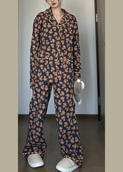 Retro Peter Pan Collar Print Button Pajamas Two Piece Set Spring LY1969