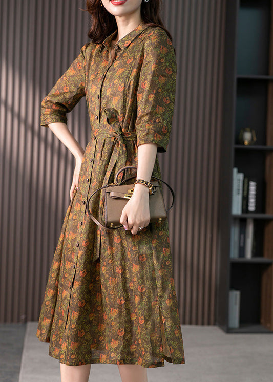 Retro Peter Pan Collar Print Button Slim Linen Maxi Dress Half Sleeve LY1735