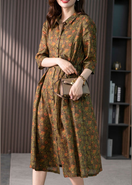 Retro Peter Pan Collar Print Button Slim Linen Maxi Dress Half Sleeve LY1735