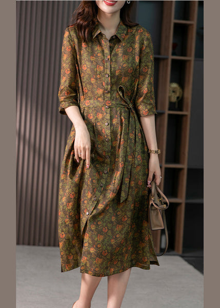 Retro Peter Pan Collar Print Button Slim Linen Maxi Dress Half Sleeve LY1735