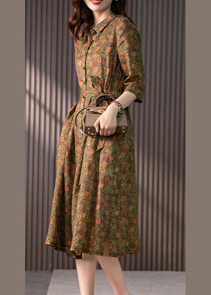 Retro Peter Pan Collar Print Button Slim Linen Maxi Dress Half Sleeve LY1735