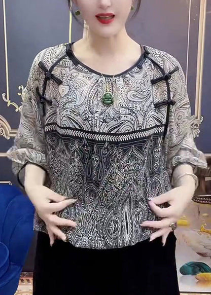 Retro Print O-Neck Chiffon Top Long Sleeve LY0804