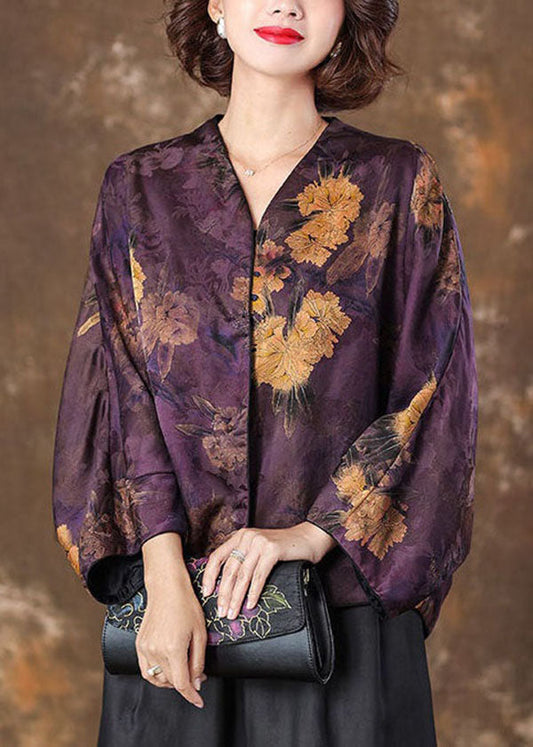 Retro Purple V Neck Print Patchwork Silk Coat Batwing SleeveTI1041