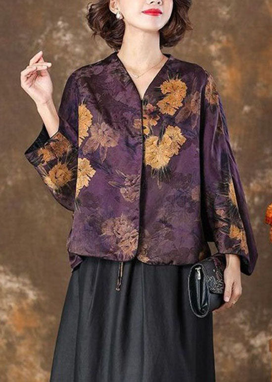 Retro Purple V Neck Print Patchwork Silk Coat Batwing SleeveTI1041