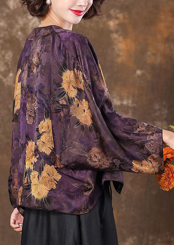 Retro Purple V Neck Print Patchwork Silk Coat Batwing SleeveTI1041