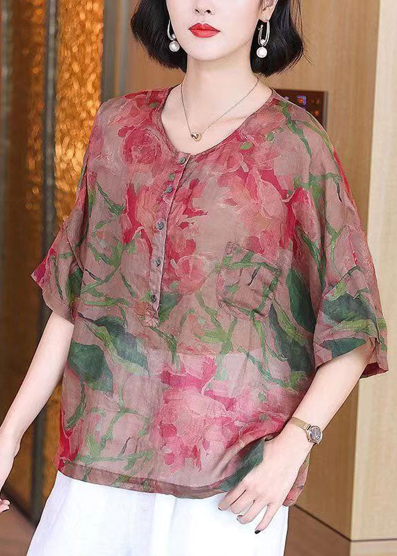 Retro Red O Neck Print Button Patchwork Linen Blouses Summer TP1064