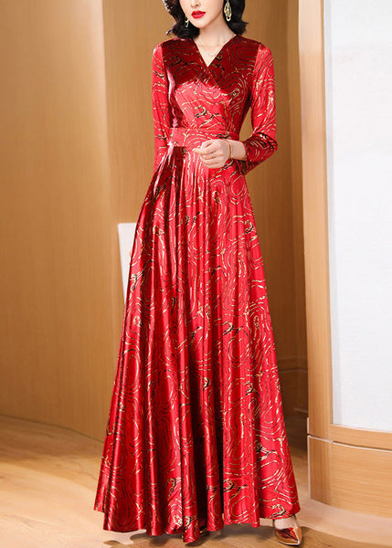 Retro Red Print Slim Fit Satin Long Dresses Spring LY1735