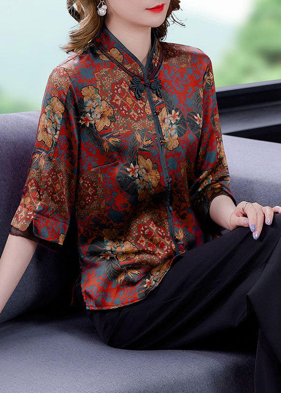 Retro Red Stand Collar Print Chinese Button Silk Shirt Summer LY0426