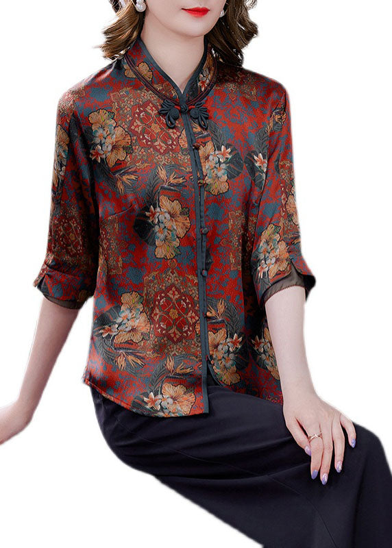 Retro Red Stand Collar Print Chinese Button Silk Shirt Summer LY0426