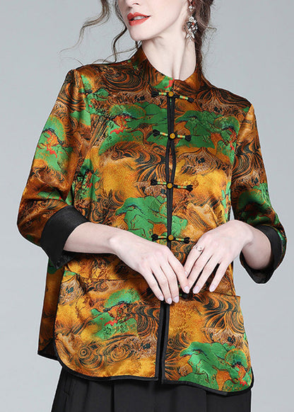 Retro Stand Collar Print Button Side Open Silk Shirt Long Sleeve LY1051