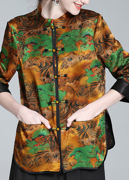 Retro Stand Collar Print Button Side Open Silk Shirt Long Sleeve LY1051