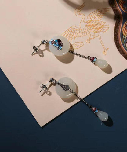 Retro White Sterling Silver Cloisonne Pearl Drop Earrings TW1017