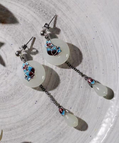 Retro White Sterling Silver Cloisonne Pearl Drop Earrings TW1017