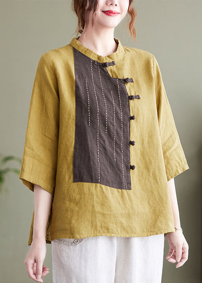 Retro Yellow Embroideried Patchwork Chinese Button Linen Top Bracelet Sleeve AC2027