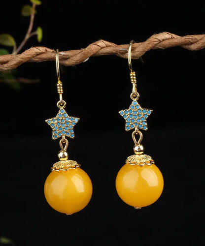 Retro Yellow Sterling Silver Amber Beeswax Star Drop Earrings Ada Fashion