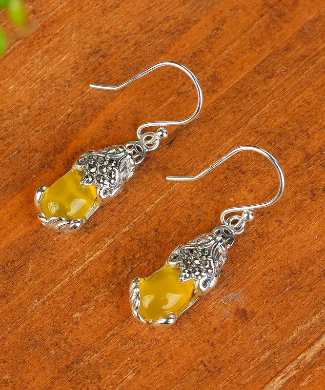 Retro Yellow Sterling Silver Inlaid Chalcedony A Mythical Wild Animal Drop Earrings Ada Fashion