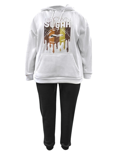 Plus Size Lip Letter Print Kangaroo Pocket Tracksuit Set BO1113