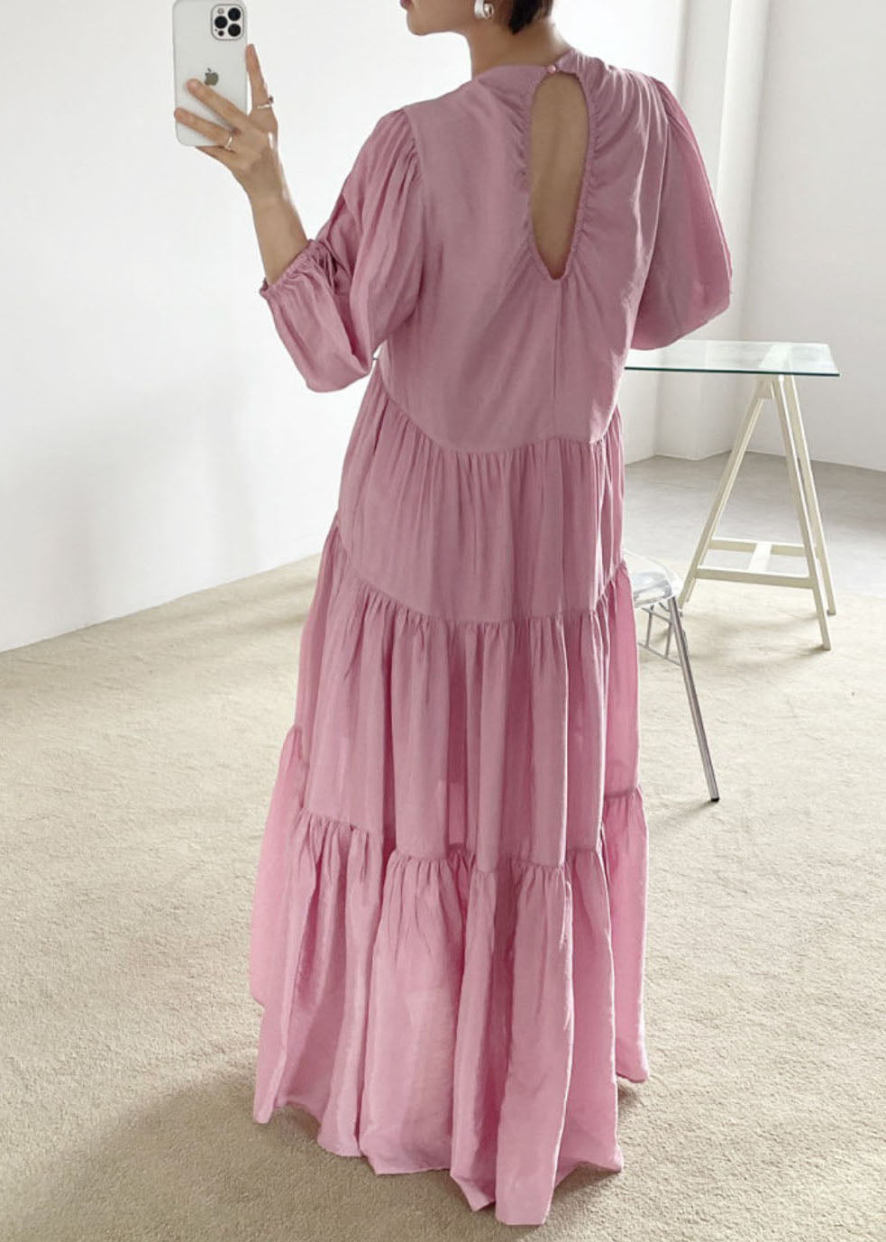 Rose Backless Cotton Long Dresses Exra Large Hem Bracelet Sleeve LY1308