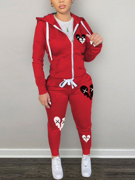 Hooded Collar Broken Heart Print Tracksuit Set AT9050