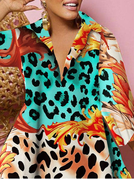 Plus Size Leopard Floral Print A Line Dress AC2063