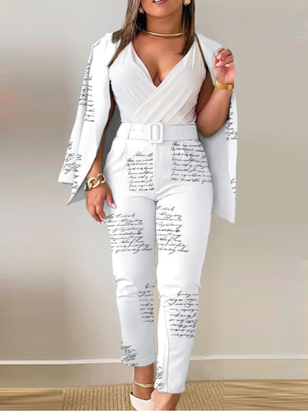 Plus Size Letter Print Belt Design Blazer Pants Set BO3021