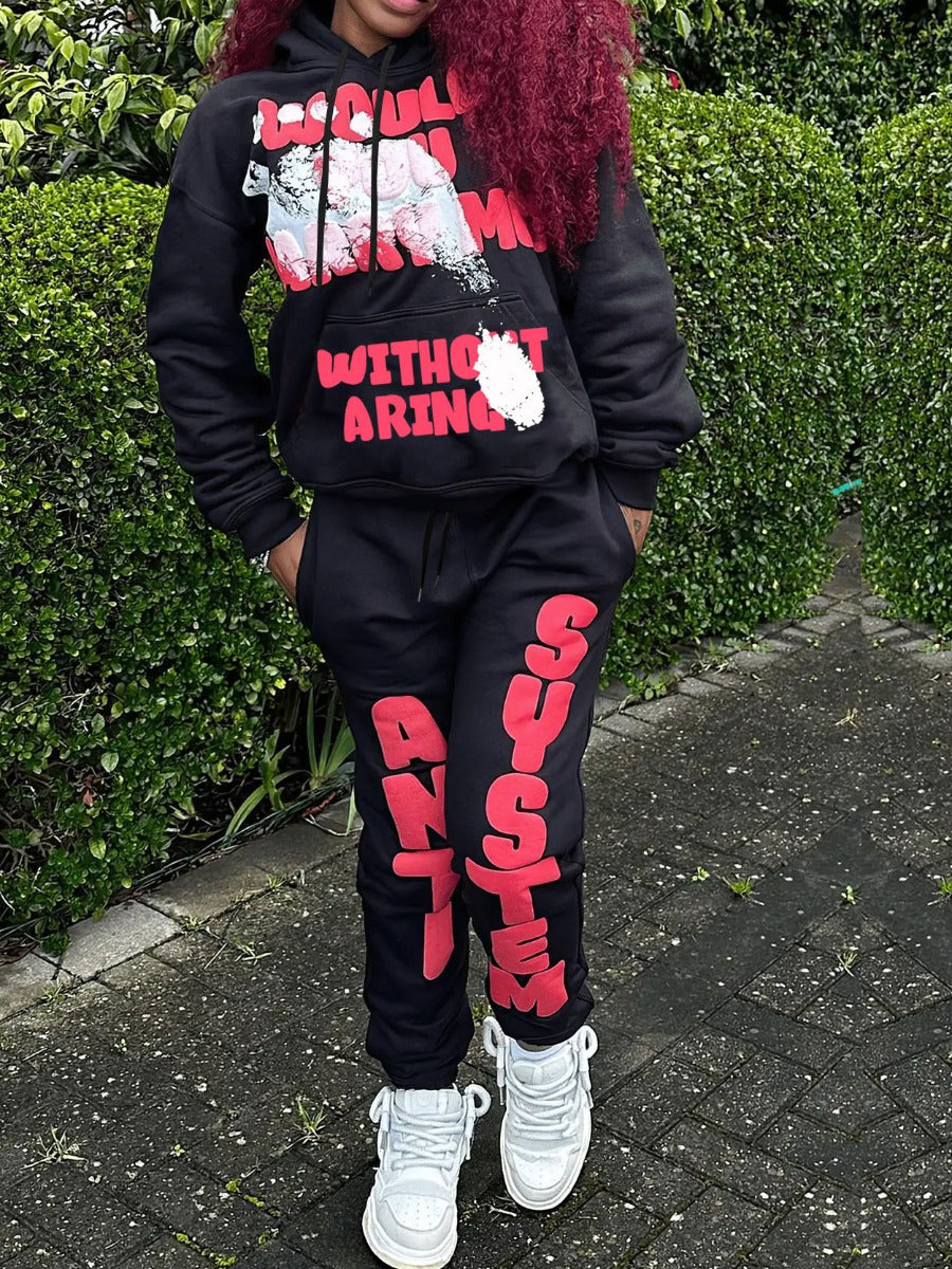 Letter Print Kangaroo Pocket Tracksuit Set AR5023