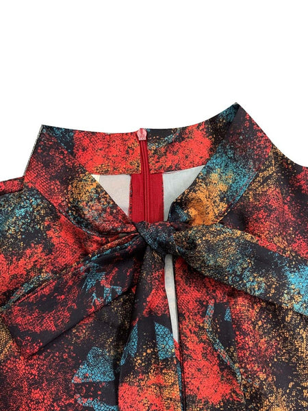 Plus Size Tie Neck Mixd Print Belt Design A Line Dress AC2042