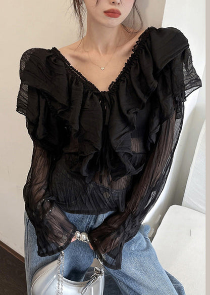 Sexy Black V Neck Ruffled Chiffon Shirts Long Sleeve LY0790