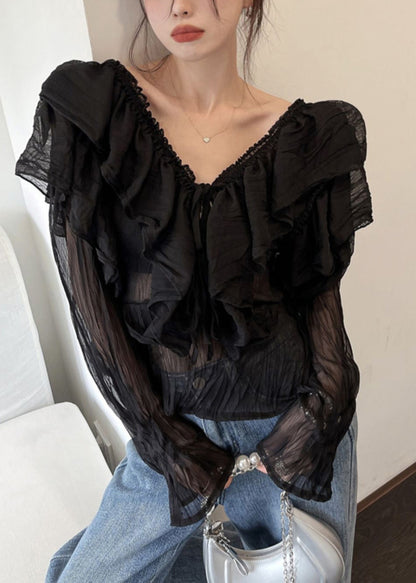 Sexy Black V Neck Ruffled Chiffon Shirts Long Sleeve LY0790