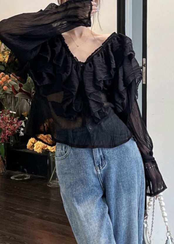 Sexy Black V Neck Ruffled Chiffon Shirts Long Sleeve LY0790