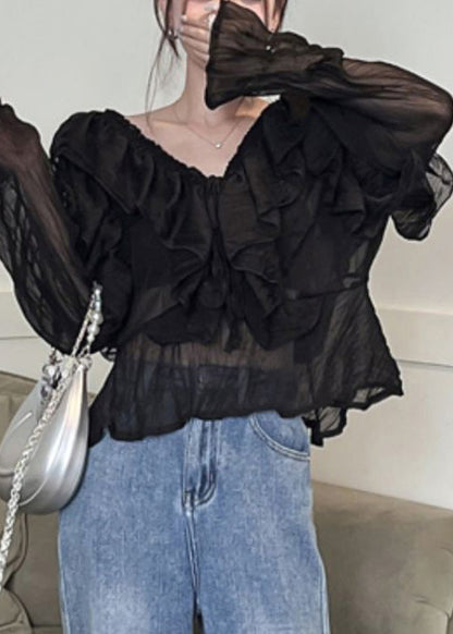 Sexy Black V Neck Ruffled Chiffon Shirts Long Sleeve LY0790